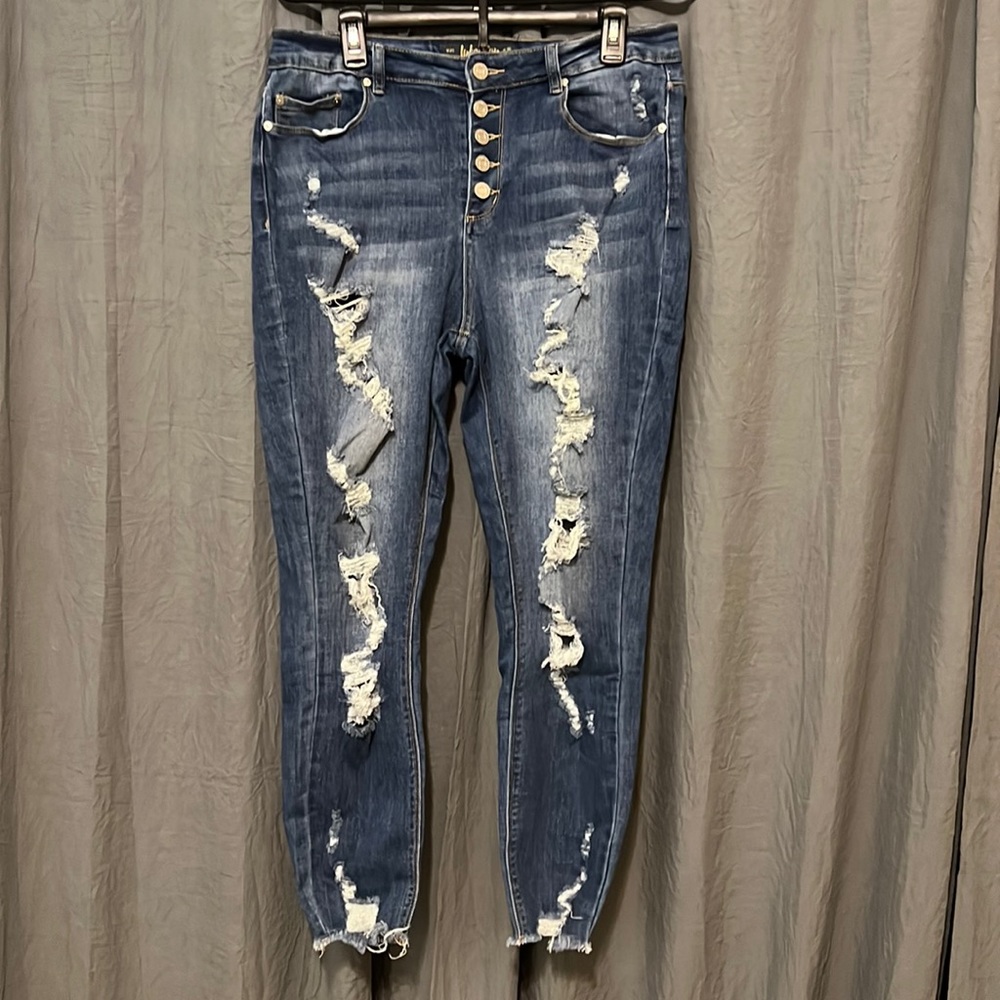 Indigo Rein Button Fly, Distressed, Cropped Jeggings 13/27